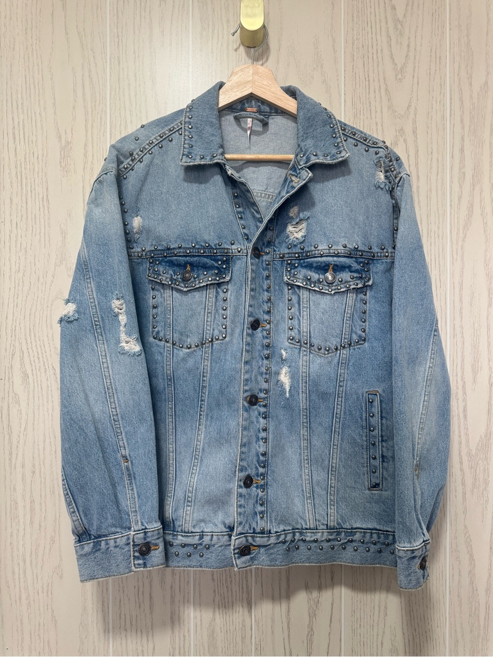 Free People Studded Denim Jacket Distressed Oversized Western Boho Jean Coat SM